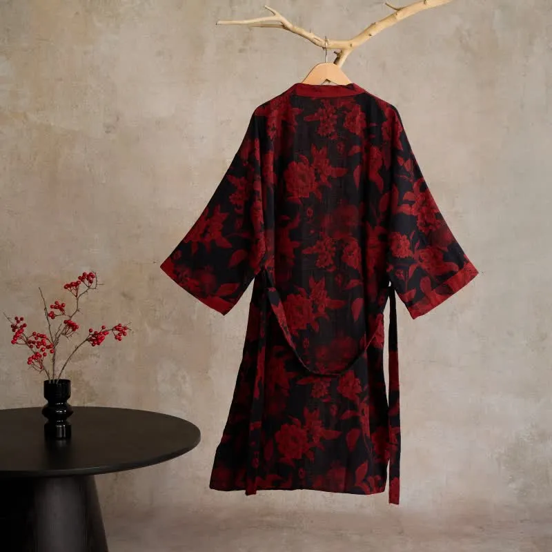 Kimono-Bademantel aus Baumwoll-Jacquard mit Pfingstrosenmuster
