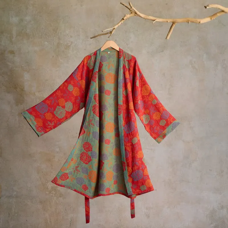 Romantischer Kimono-Bademantel aus Baumwollgaze mit Rosenmuster
