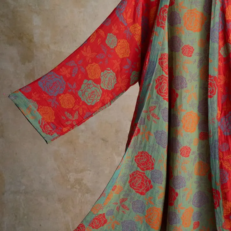 Romantischer Kimono-Bademantel aus Baumwollgaze mit Rosenmuster
