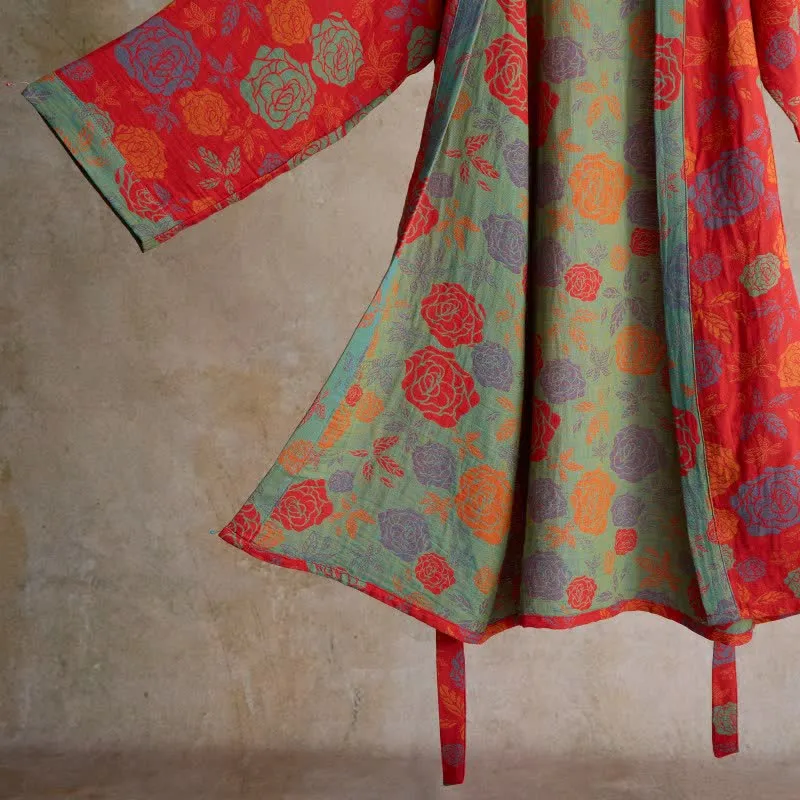 Romantischer Kimono-Bademantel aus Baumwollgaze mit Rosenmuster