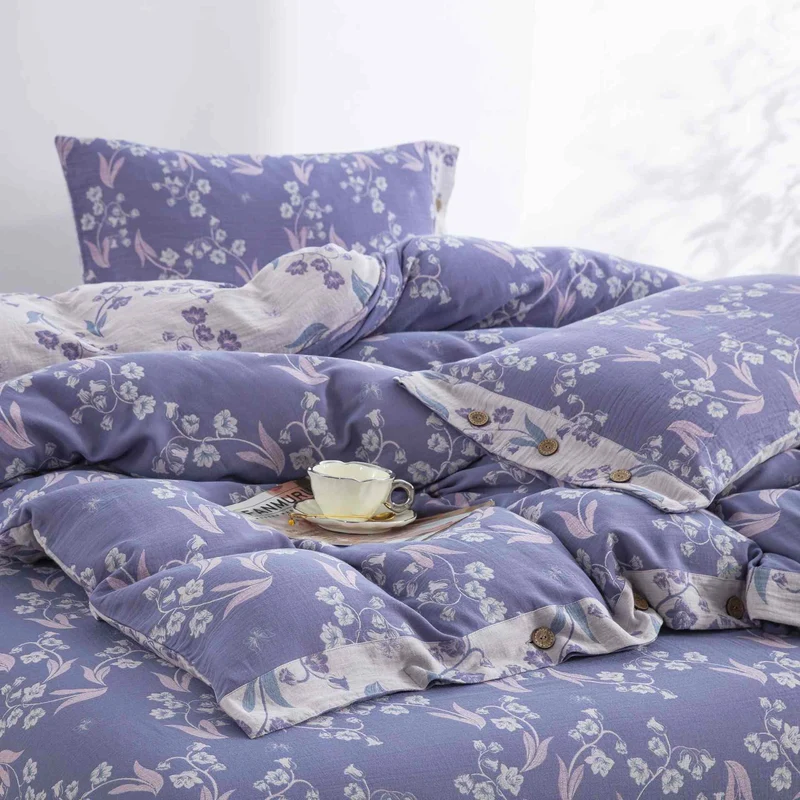 Elegantes Bettwäsche-Set aus Baumwolldoppelgaze mit Blumenmuster (4-teilig)