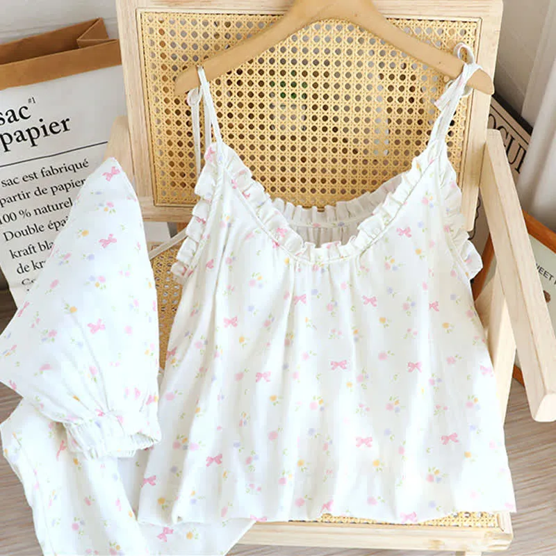 Baumwoll-Pyjama-Set mit Schleifenmuster, Trägertop und Baumwollunterwäsche