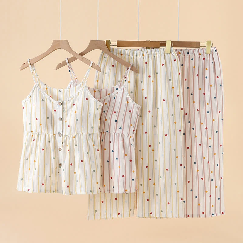 Gestreiftes Baumwoll-Pyjama-Set mit Polka-Dot-Top