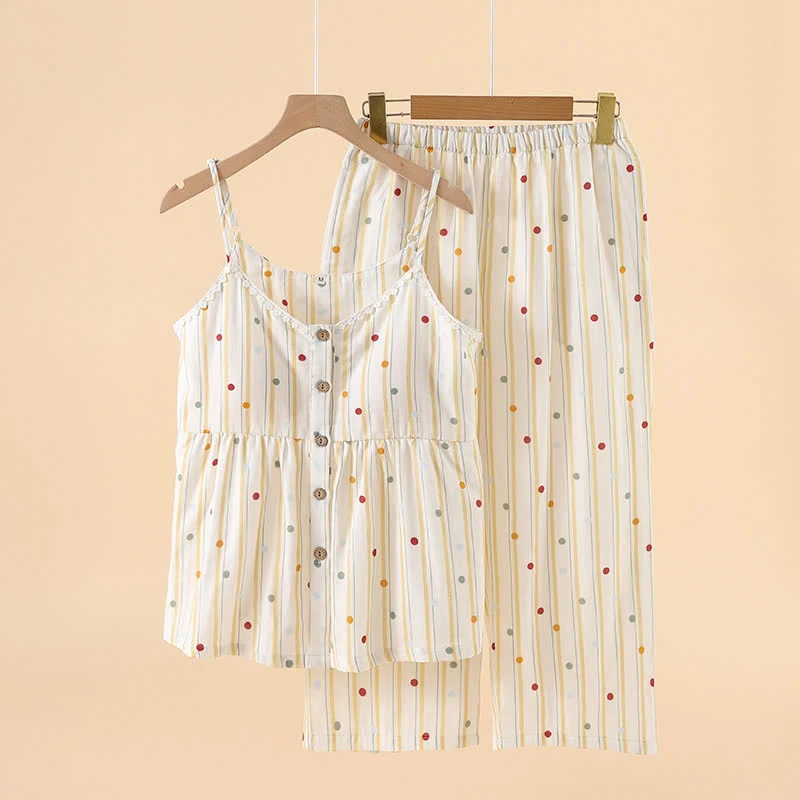 Gestreiftes Baumwoll-Pyjama-Set mit Polka-Dot-Top