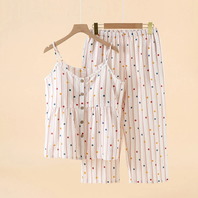 Gestreiftes Baumwoll-Pyjama-Set mit Polka-Dot-Top