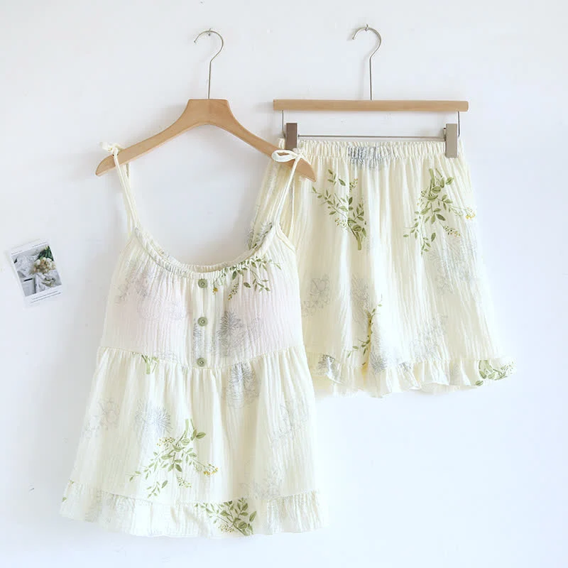Pyjama-Set aus Baumwolle mit Blätterprint, Trägertop und Baumwollunterwäsche