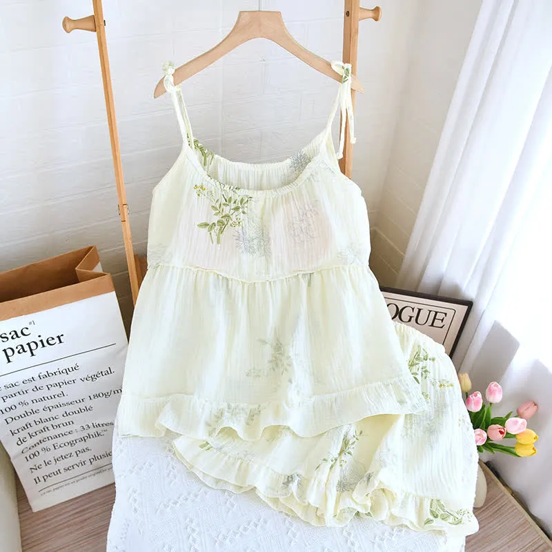 Pyjama-Set aus Baumwolle mit Blätterprint, Trägertop und Baumwollunterwäsche