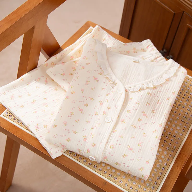 Pyjama-Set aus Baumwollgaze mit Blumenmuster und Rüschen