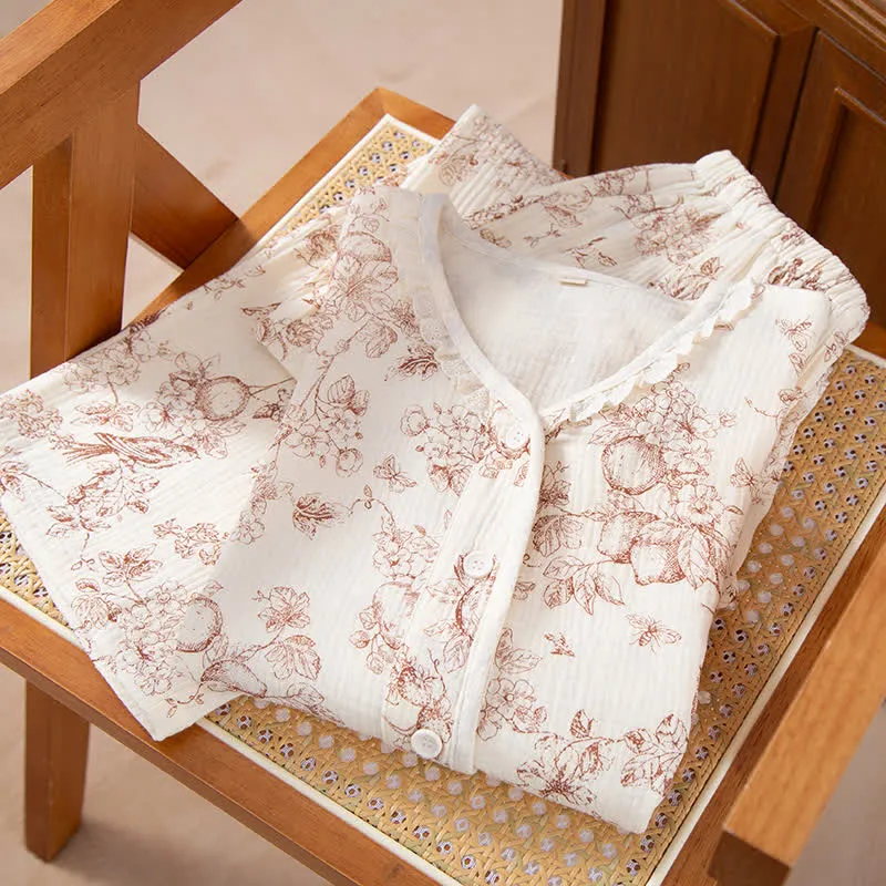 Retro-Pyjama-Set aus Baumwollgaze mit Rüschen und Blumenmuster