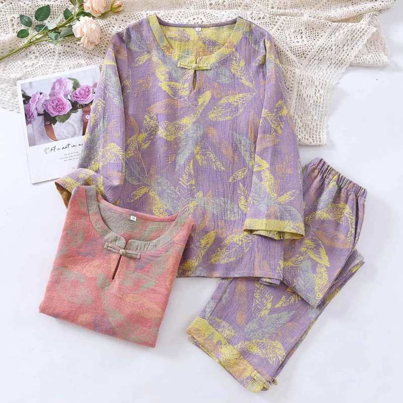 Pyjama-Set im orientalischen Stil mit Blattmotiven aus reiner Baumwolle