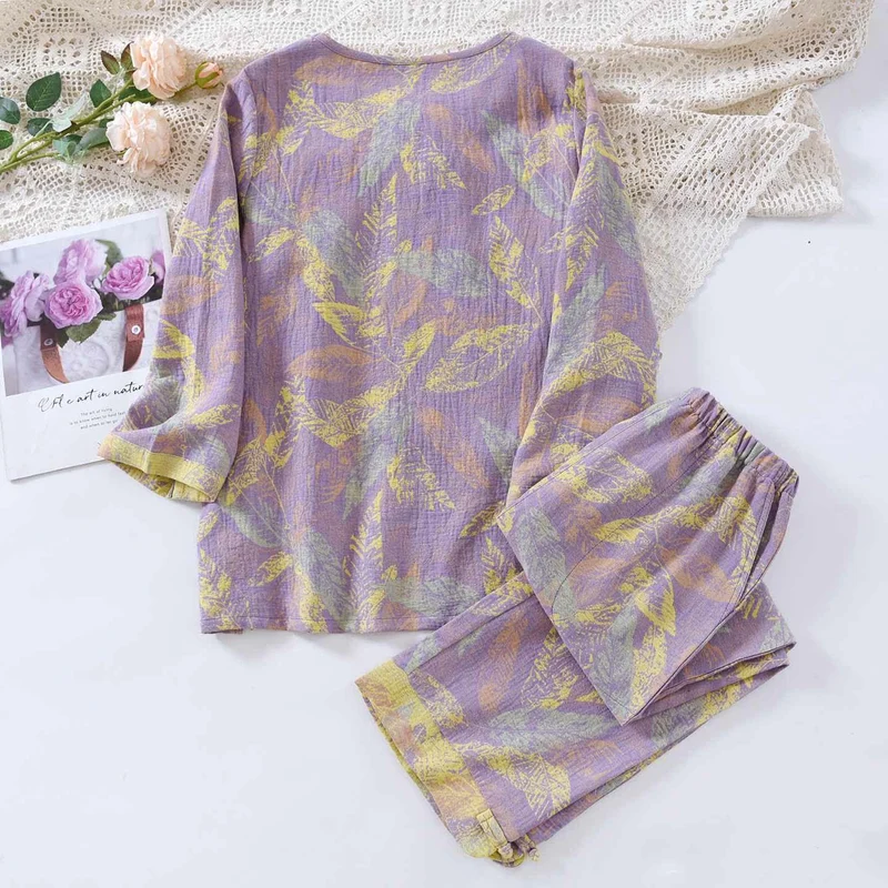 Pyjama-Set im orientalischen Stil mit Blattmotiven aus reiner Baumwolle