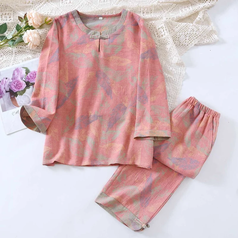 Pyjama-Set im orientalischen Stil mit Blattmotiven aus reiner Baumwolle
