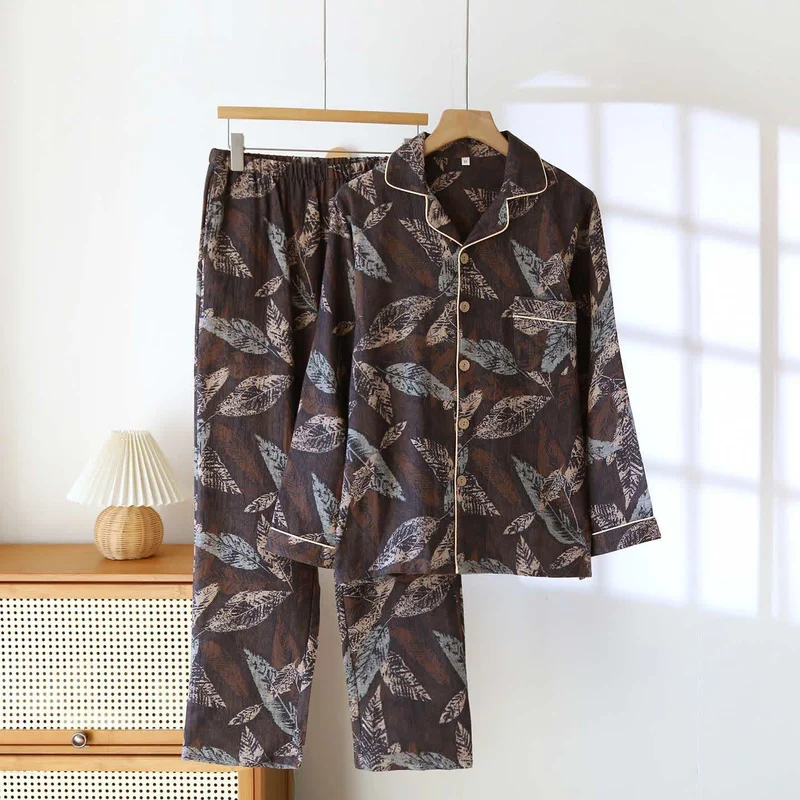 Loungewear aus Baumwollgaze mit künstlerischem Blattjacquardmuster