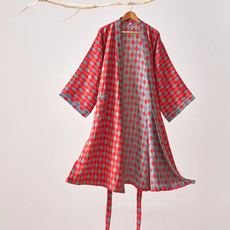 Ownkoti – Klassischer Kimono-Bademantel aus Baumwollgaze mit Rautenmuster