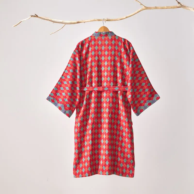 Ownkoti – Klassischer Kimono-Bademantel aus Baumwollgaze mit Rautenmuster