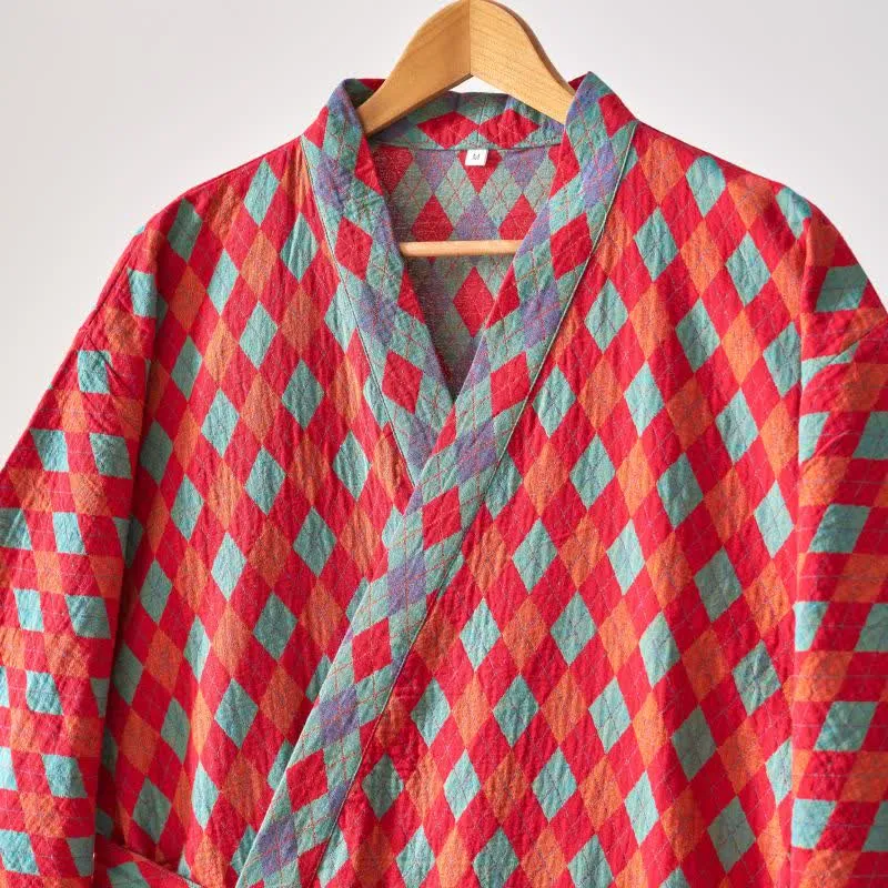 Ownkoti – Klassischer Kimono-Bademantel aus Baumwollgaze mit Rautenmuster