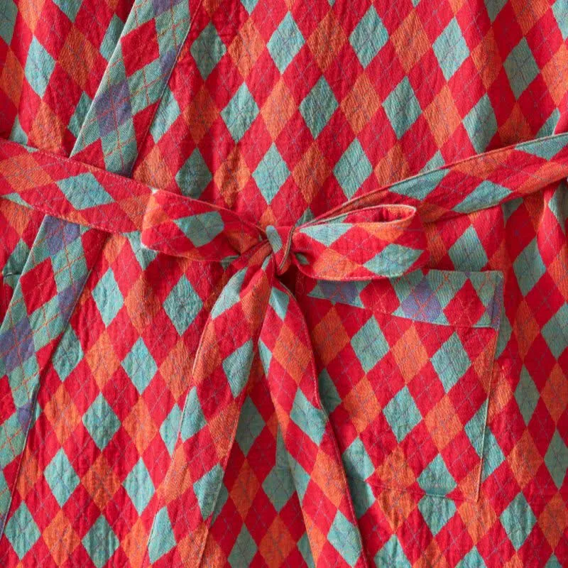 Ownkoti – Klassischer Kimono-Bademantel aus Baumwollgaze mit Rautenmuster