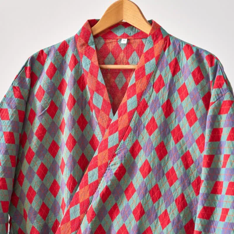 Ownkoti – Klassischer Kimono-Bademantel aus Baumwollgaze mit Rautenmuster
