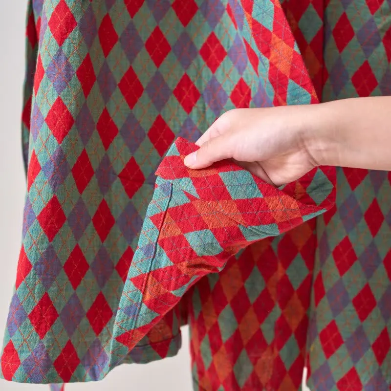 Ownkoti – Klassischer Kimono-Bademantel aus Baumwollgaze mit Rautenmuster