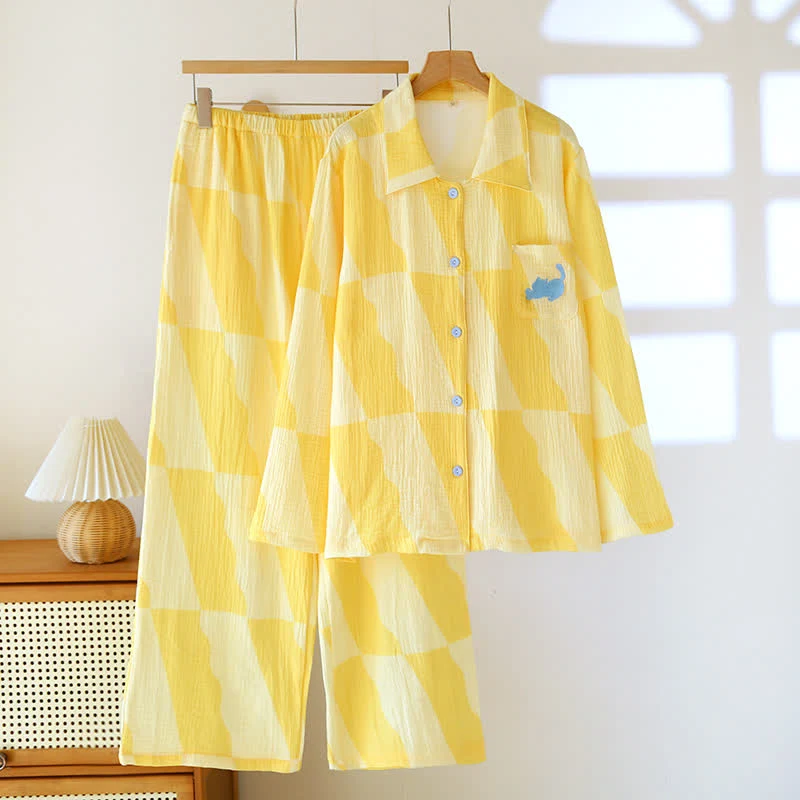 Pyjama-Set aus Baumwolle mit Katzentasche und Karomuster