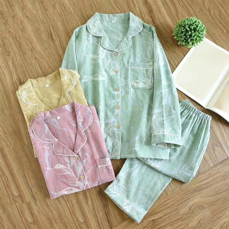 Baumwoll-Pyjama-Set im Bambusblatt-Design