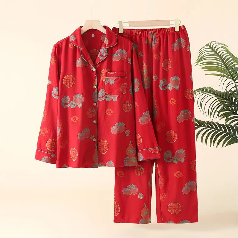 Auspicious Gourd Persimmon Loungewear-Set aus Baumwolle