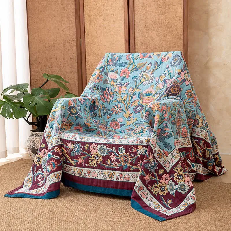 Blaue Steppdecke aus Baumwollgaze mit Blumenmuster