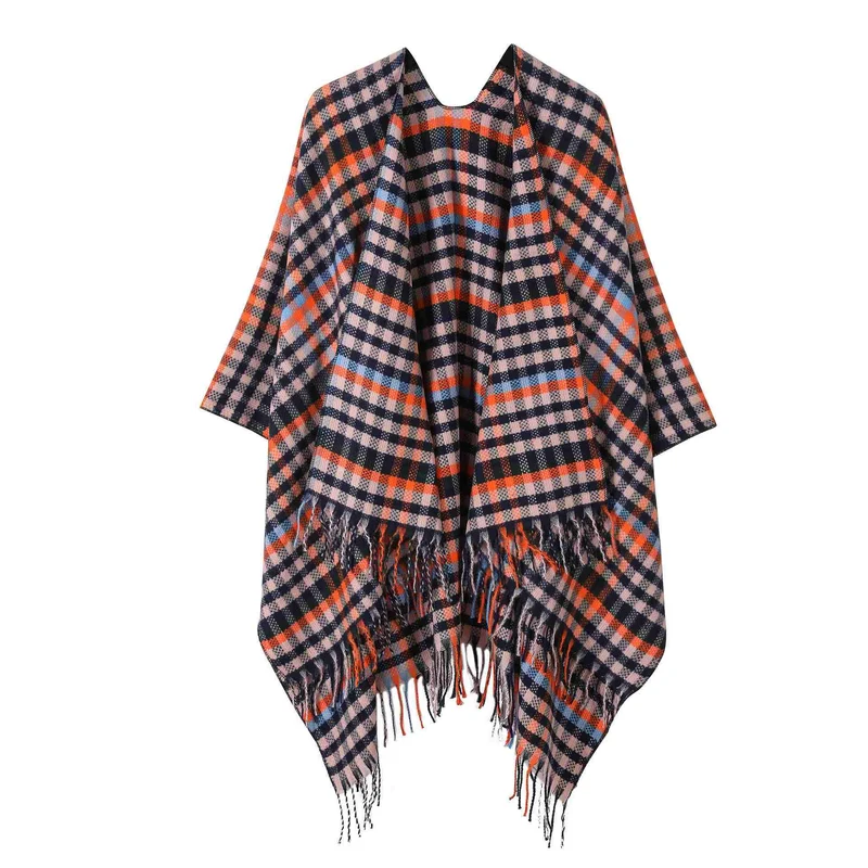 Vintage Kariertes Reise-Schal-Cape mit Quaste