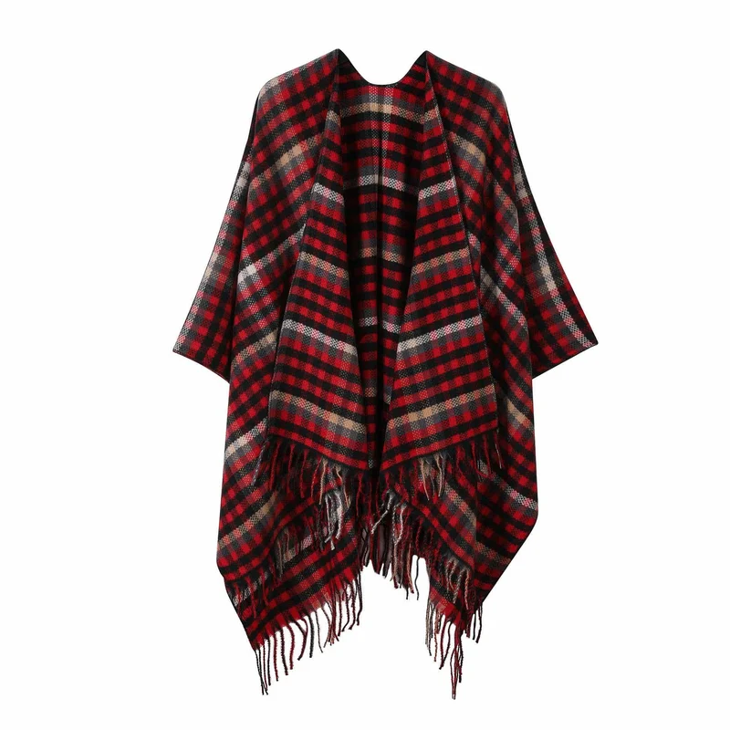 Vintage Kariertes Reise-Schal-Cape mit Quaste