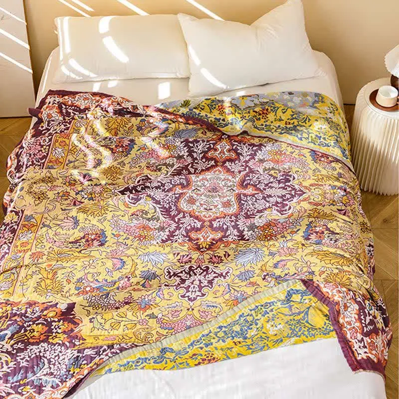 Ownkoti Retro-Steppdecke aus roter Baumwolle mit Jacquard-Blumenmuster