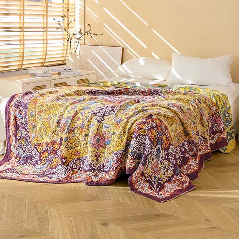 Ownkoti Retro-Steppdecke aus roter Baumwolle mit Jacquard-Blumenmuster
