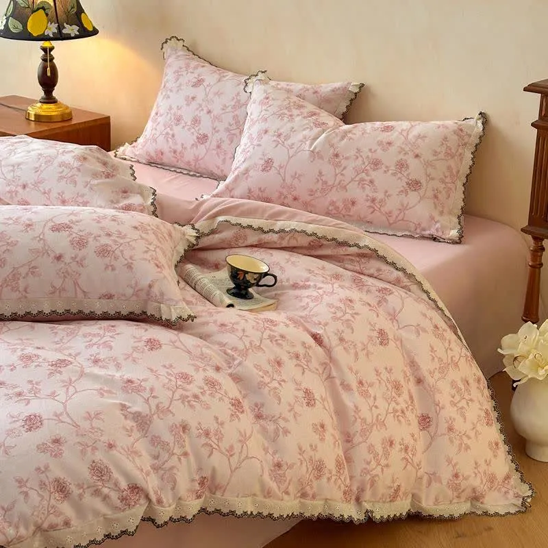 Vintage Bettwäsche-Set aus Baumwollspitze mit Blumenmuster