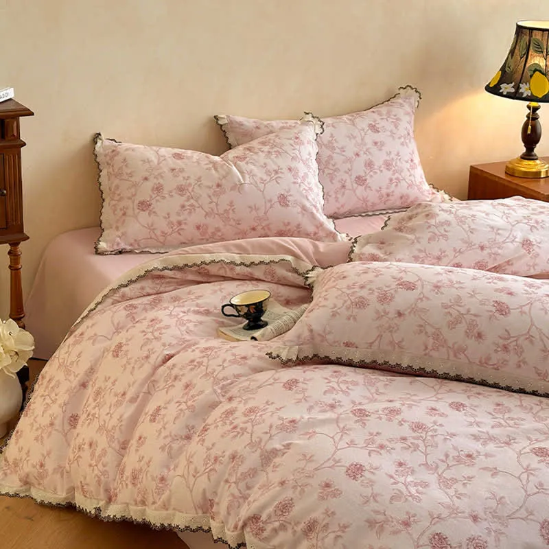 Vintage Bettwäsche-Set aus Baumwollspitze mit Blumenmuster