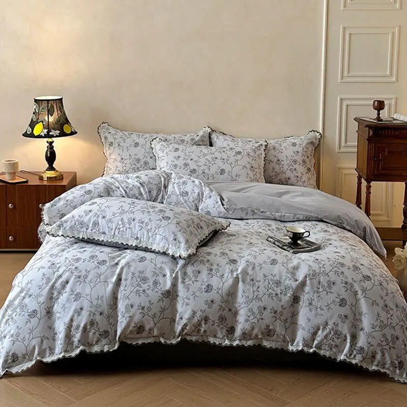 Vintage Bettwäsche-Set aus Baumwollspitze mit Blumenmuster