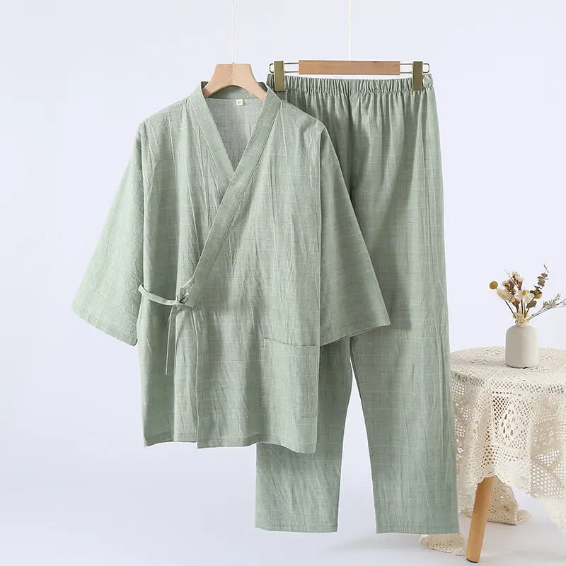 Kimono-Loungewear aus dezent kariertem Baumwollgaze
