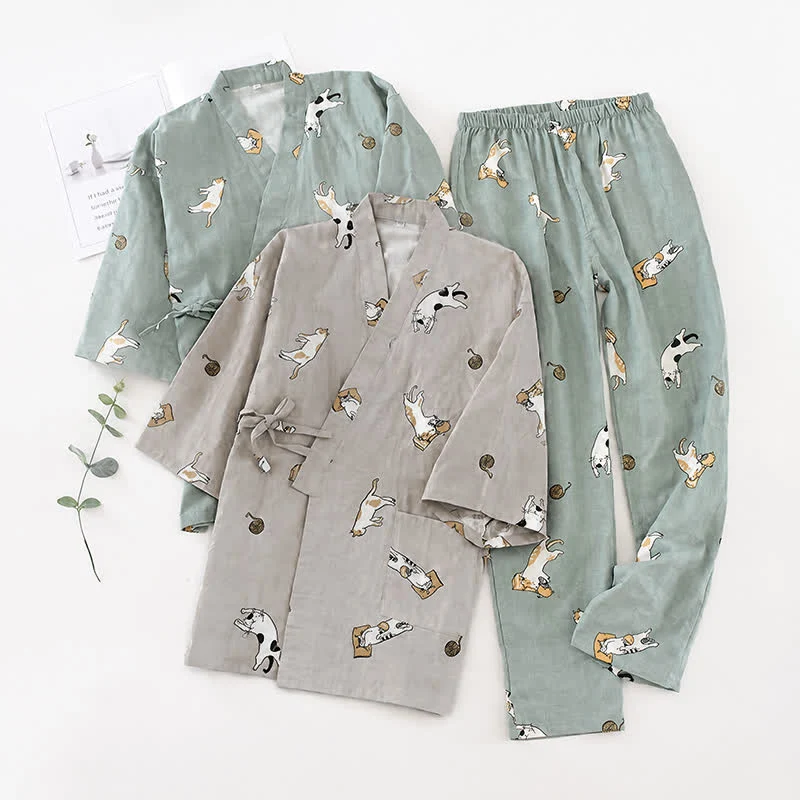 Partner-Kimono aus Baumwolle mit Katzenmotiven