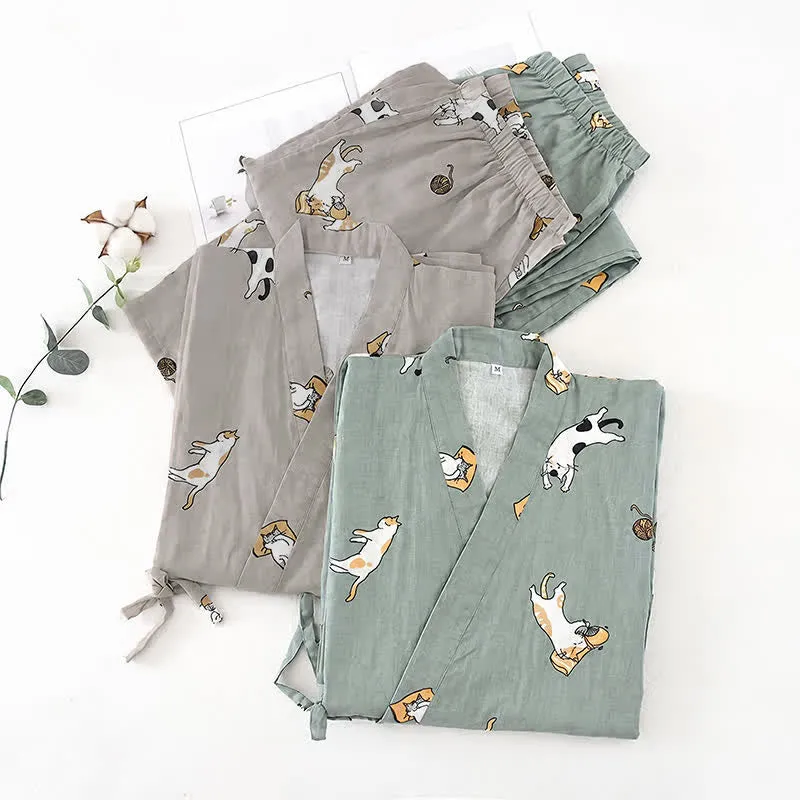 Partner-Kimono aus Baumwolle mit Katzenmotiven