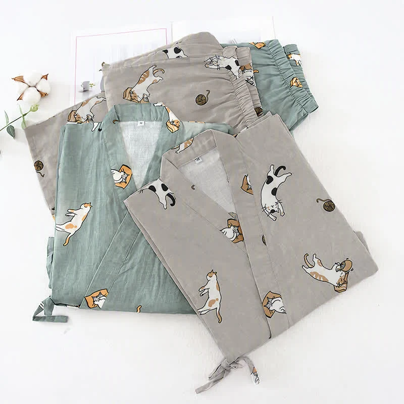 Partner-Kimono aus Baumwolle mit Katzenmotiven