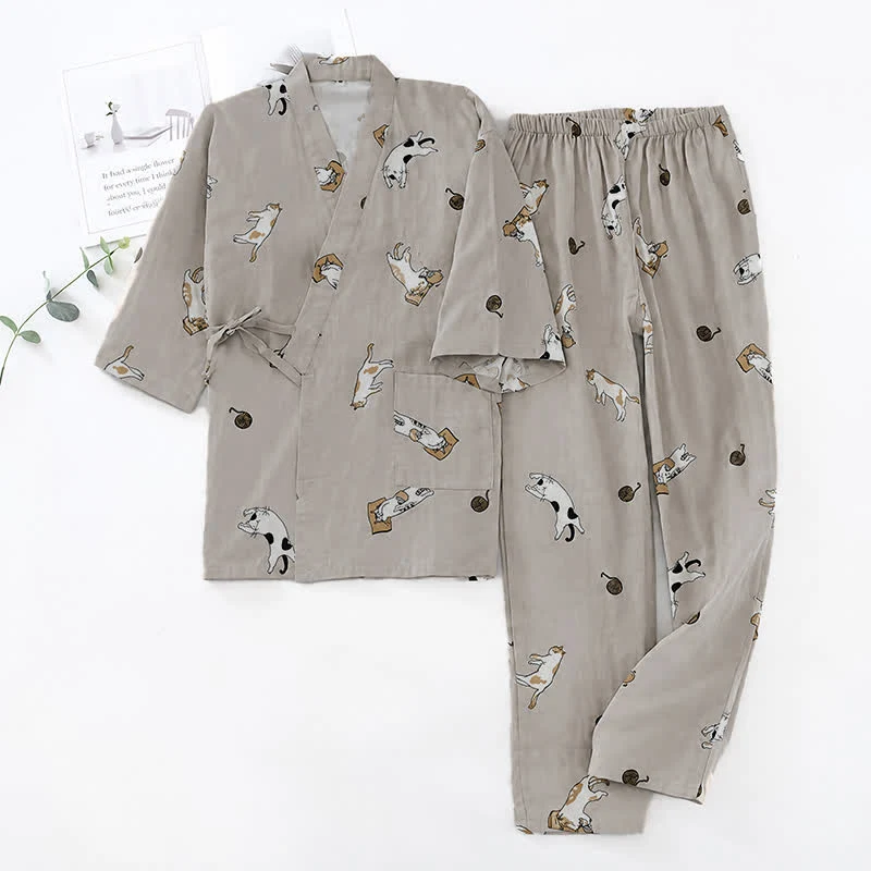 Partner-Kimono aus Baumwolle mit Katzenmotiven