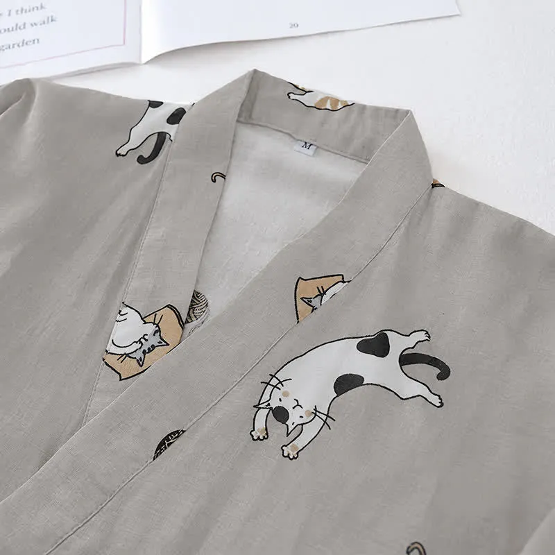 Partner-Kimono aus Baumwolle mit Katzenmotiven