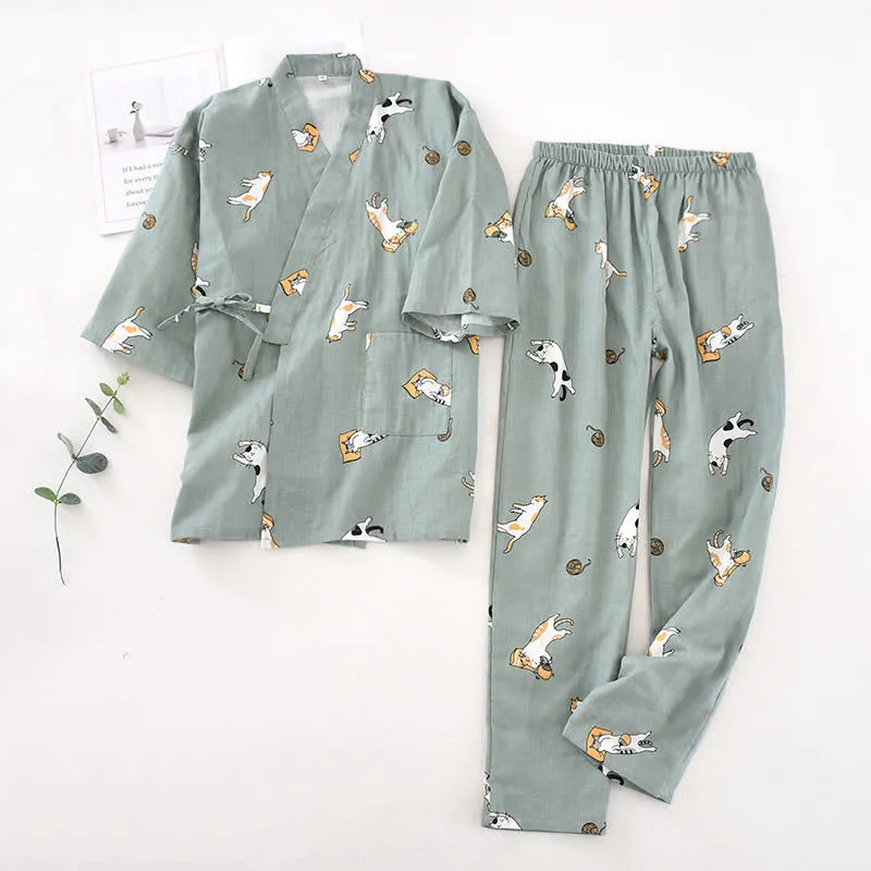 Partner-Kimono aus Baumwolle mit Katzenmotiven