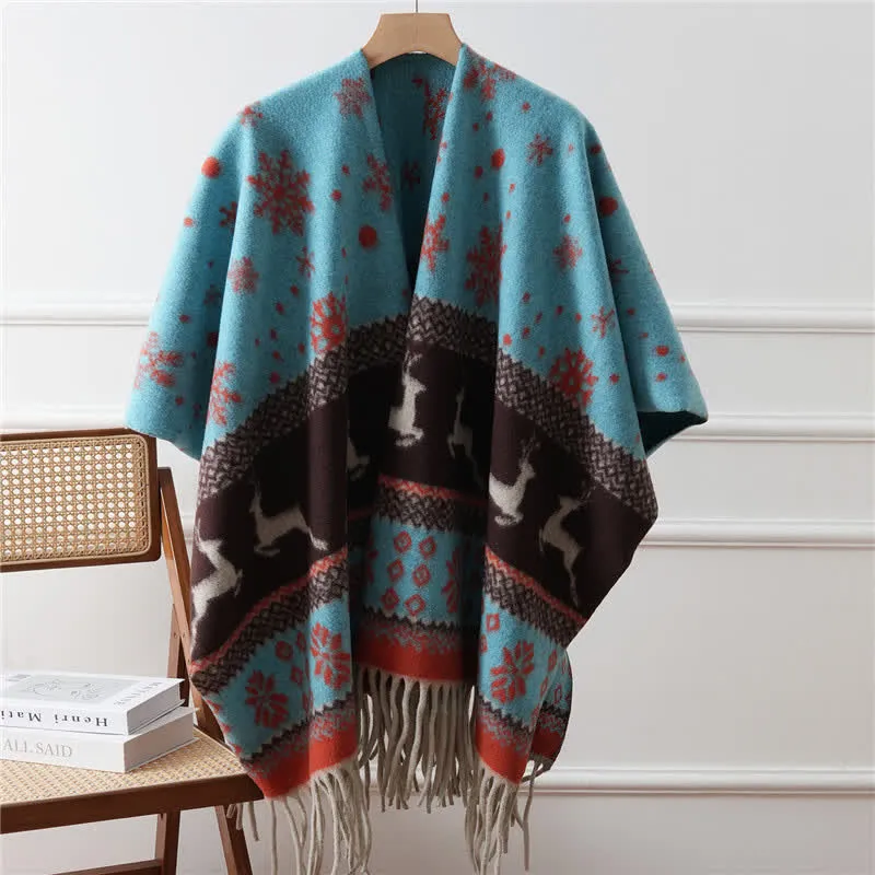 Elch-Schneeflocken-Quasten-Schal-Cape