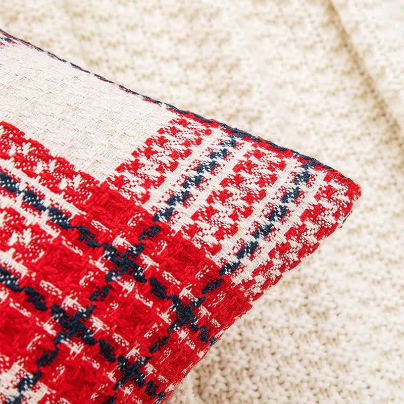 Rot-weiß karierter Jacquard-Kissenbezug