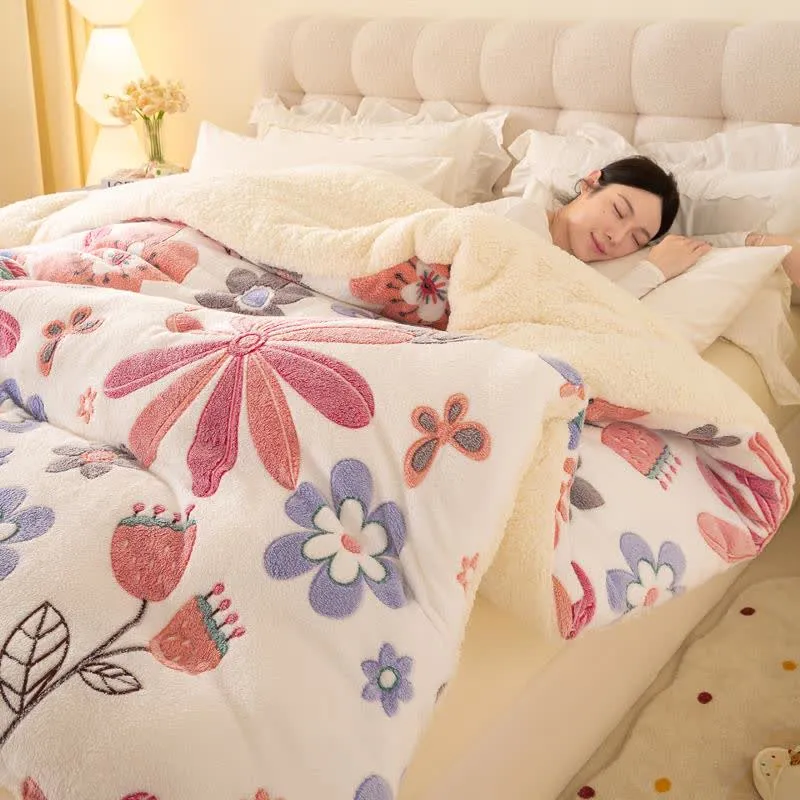 Plüschige, farbenfrohe Sherpa-Warmdecke mit Blumenmuster