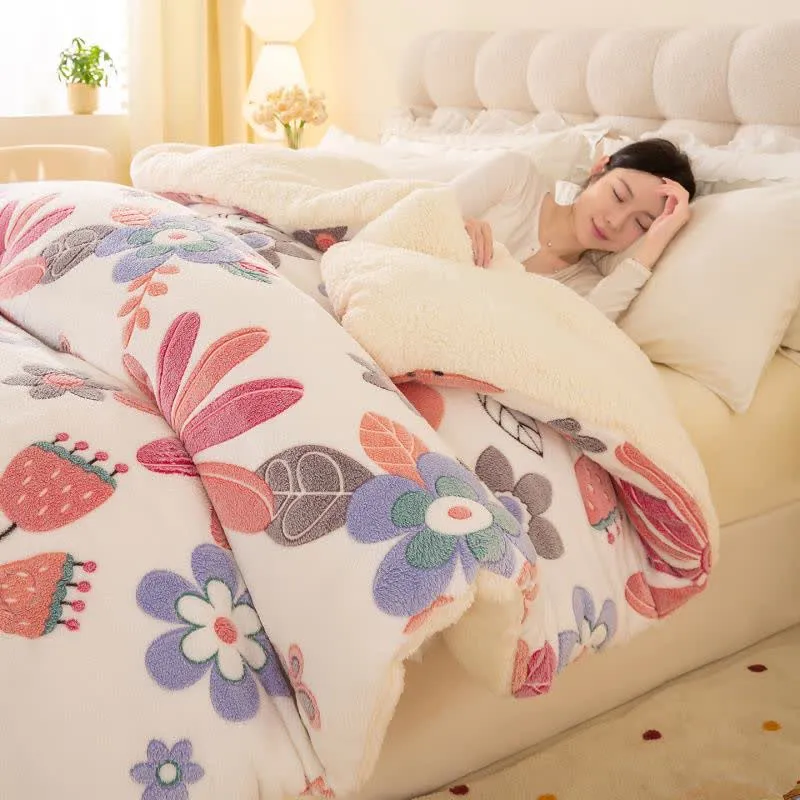 Plüschige, farbenfrohe Sherpa-Warmdecke mit Blumenmuster