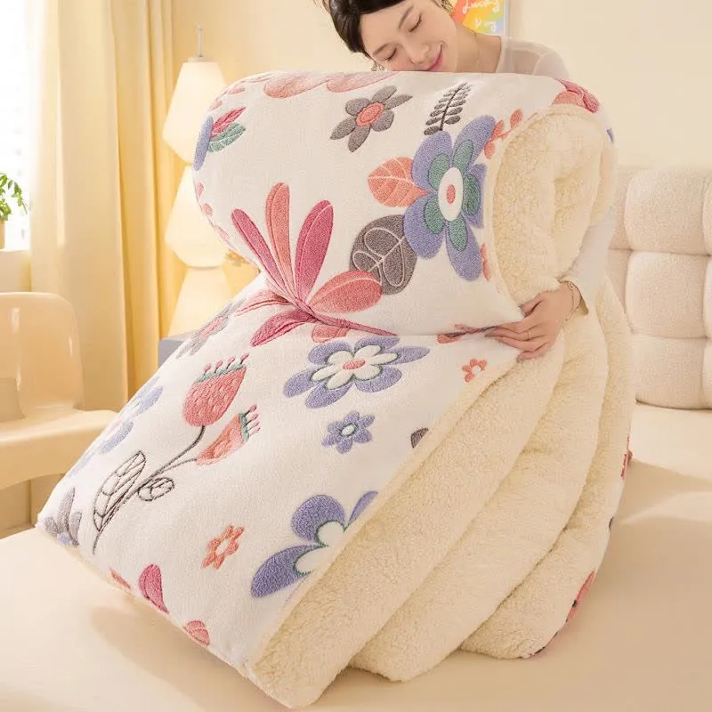 Plüschige, farbenfrohe Sherpa-Warmdecke mit Blumenmuster