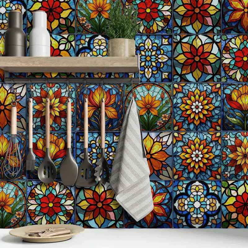 Wandaufkleber aus PET-Schaumfliesen im Boho-Stil mit Blumenmuster