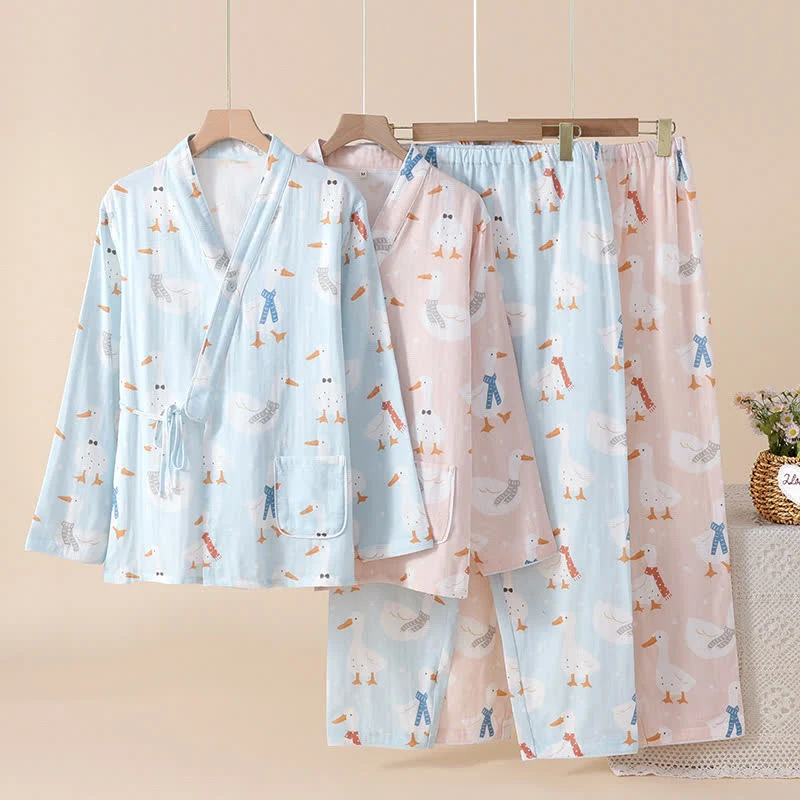 Baumwollgaze-Kimono-Pyjama mit Cartoon-Gans
