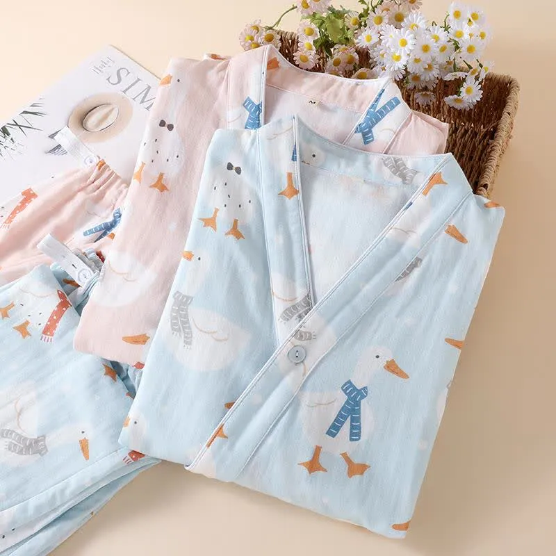 Baumwollgaze-Kimono-Pyjama mit Cartoon-Gans