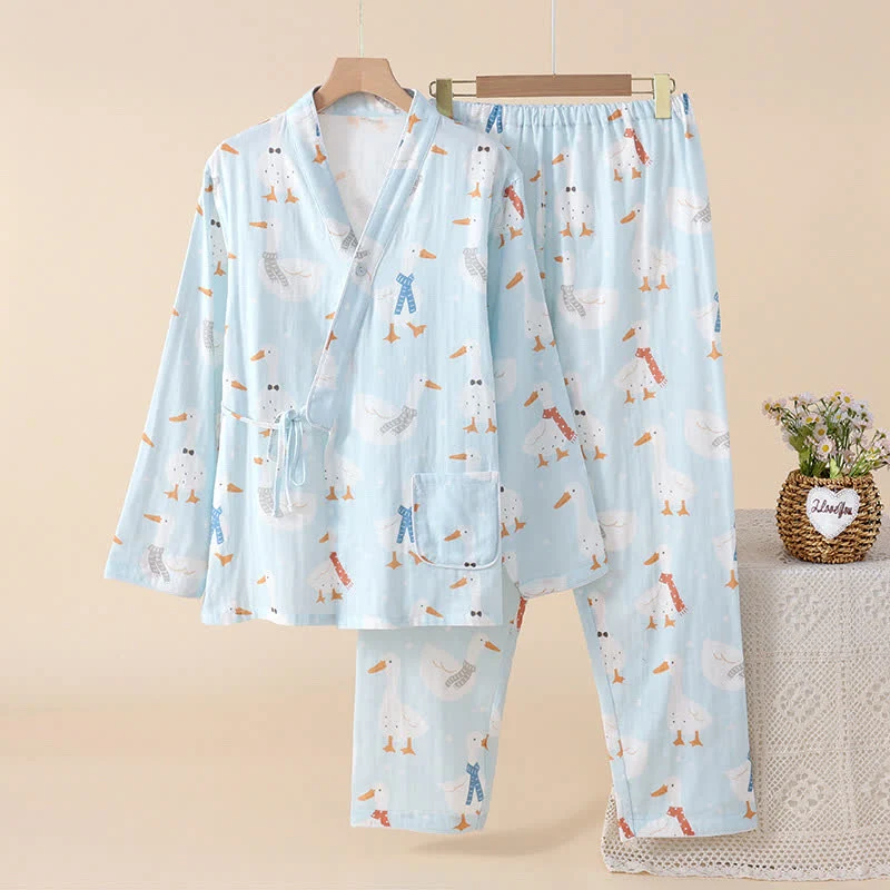 Baumwollgaze-Kimono-Pyjama mit Cartoon-Gans